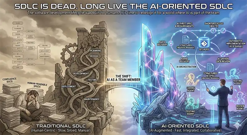Illustration contrasting a crumbling stone 'Traditional SDLC' tower wrapped in vines with a luminous crystalline 'AI-Oriented SDLC' city where an engineer directs coding, testing and review agents; titled 'SDLC is dead. Long live the AI-oriented SDLC.'