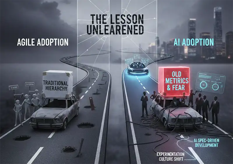 Split-highway illustration contrasting 'Agile adoption' (an old car labelled Traditional Hierarchy on a pothole-ridden road) with 'AI adoption' (a futuristic car weighed down by a glowing 'Old Metrics & Fear' block), titled 'The Lesson Unlearned'.